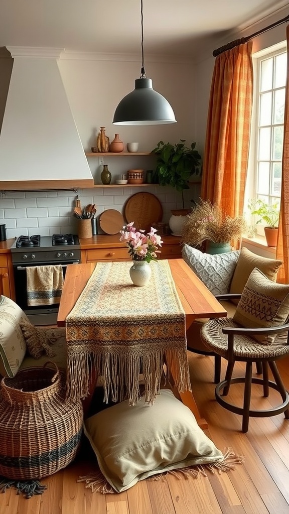 A cozy boho kitchen featuring layered textiles, including a woven table runner, soft cushions, and warm-toned curtains.
