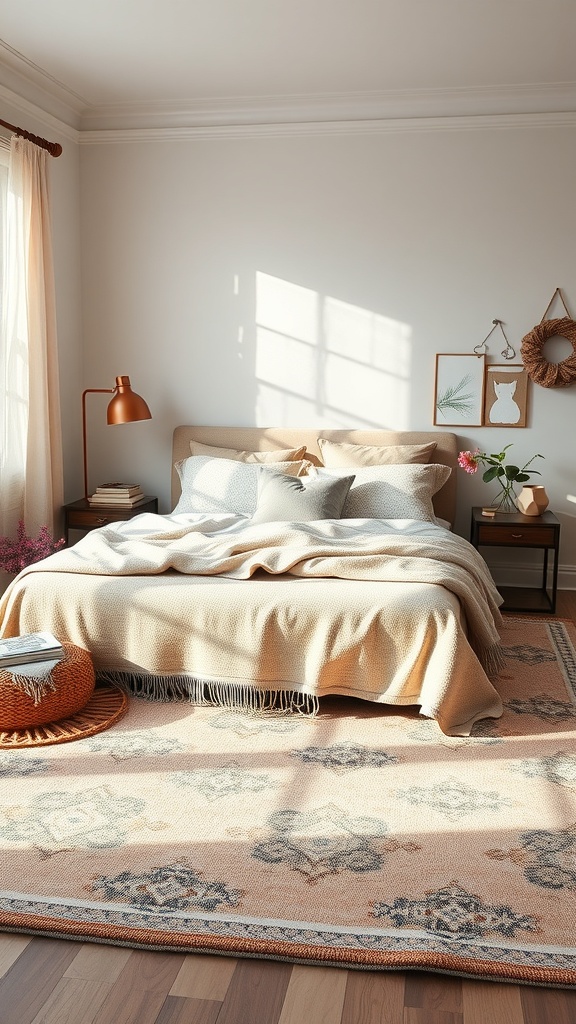 A cozy bedroom featuring layered textiles with a warm blanket on the bed and a patterned rug on the floor.