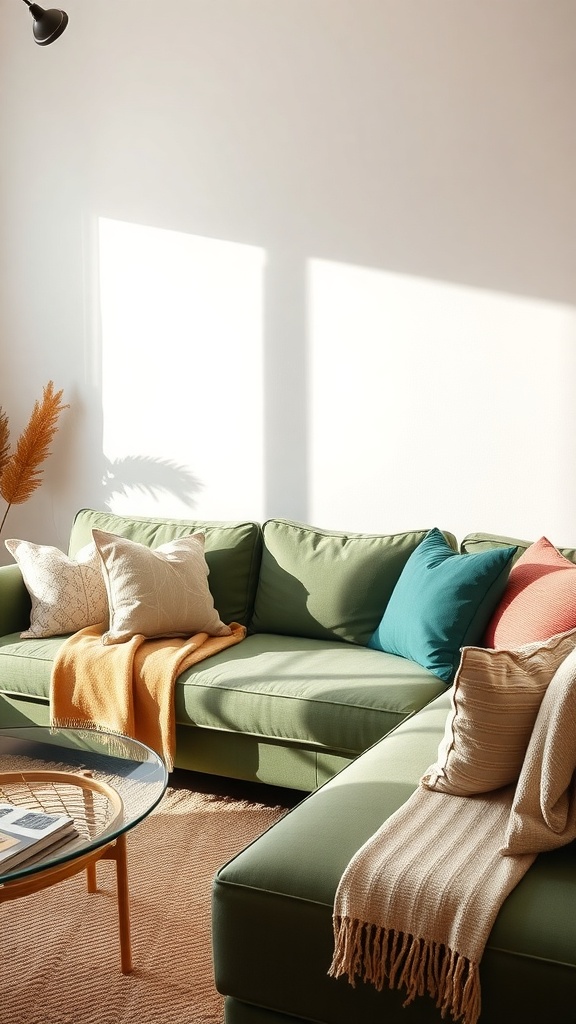 A cozy living room featuring a green sofa with layered textiles, colorful cushions, and a glass coffee table.