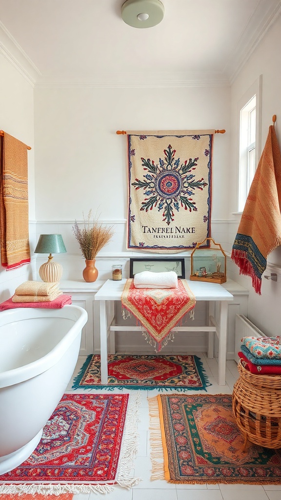 A bohemian bathroom featuring layered textiles, colorful rugs, and a decorative tapestry.