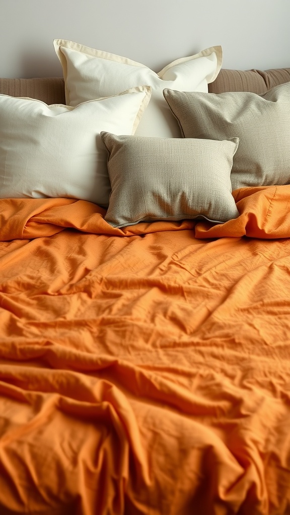 Cozy bedroom with layered textiles featuring burnt orange bedding and various pillows.