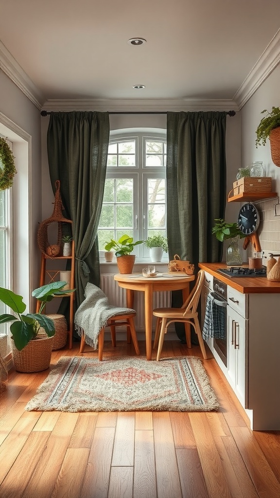 A cozy kitchen with layered textiles, featuring green curtains, a round wooden table, and a colorful patterned rug.