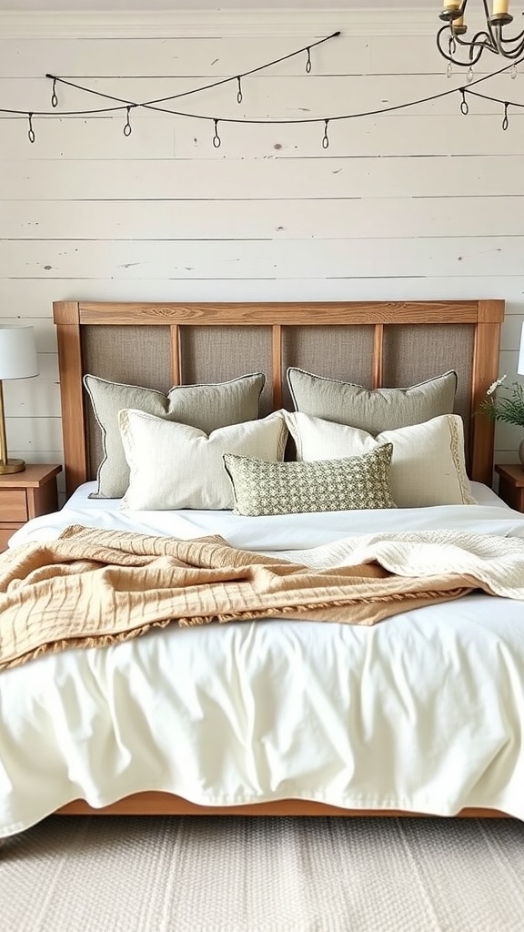 Cozy farmhouse bedroom with layered textiles, including pillows and a throw blanket on the bed.