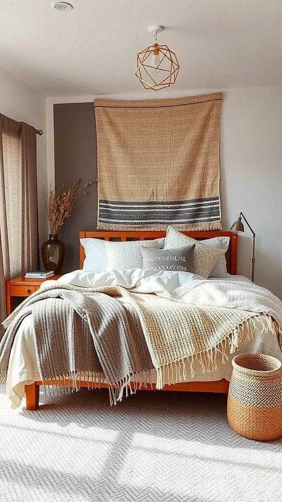A cozy bedroom with layered textiles, featuring a bed with various blankets and pillows, wooden furniture, and a woven basket.