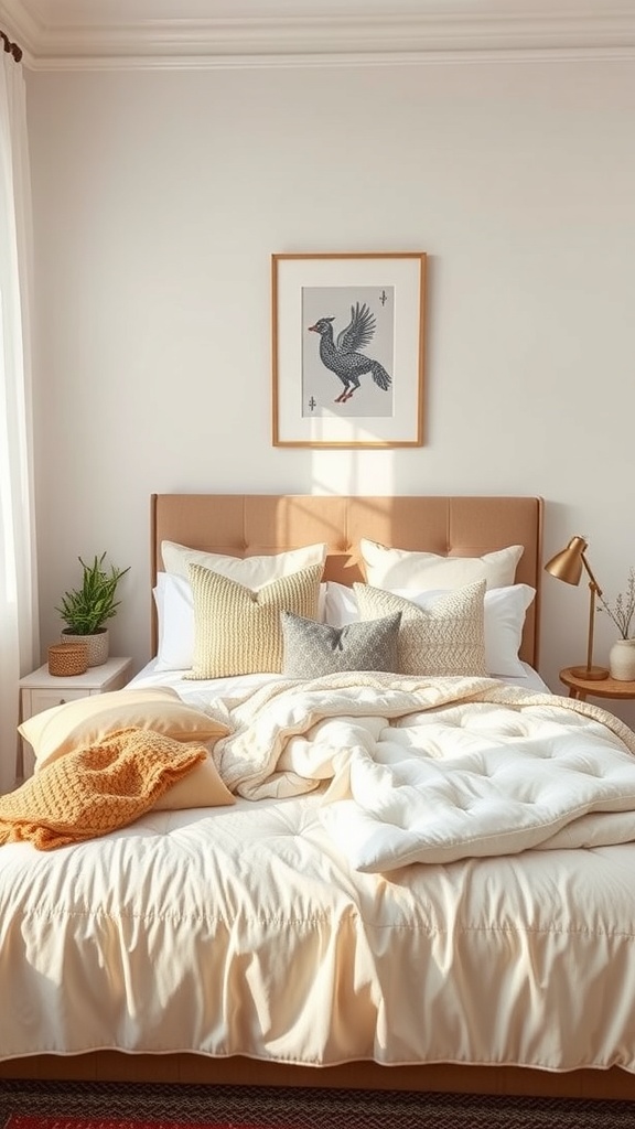 A cozy small bedroom featuring a layered bed with various textiles, including pillows and a knitted throw, complemented by a plant and artwork.