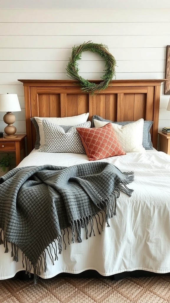Cozy farmhouse bedroom with layered textiles including pillows and a throw blanket on a bed.