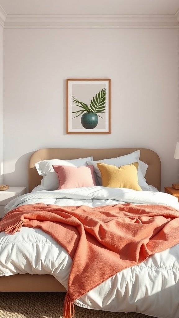 A cozy small bedroom with layered textiles, featuring a coral blanket, colorful pillows, and a plant-themed artwork.