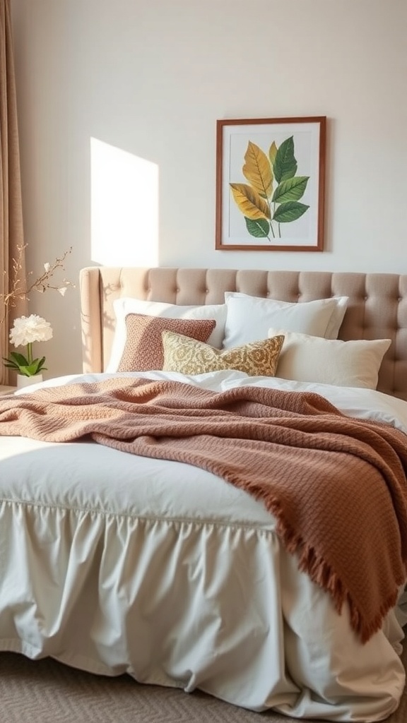Cozy guest bedroom with layered textiles, featuring a plush headboard, decorative pillows, and a warm blanket.