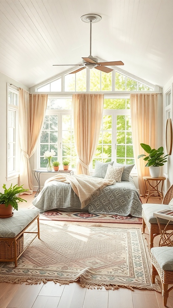 A cozy sunroom featuring layered textiles, including a bed with a textured blanket, decorative pillows, light curtains, and a patterned rug.
