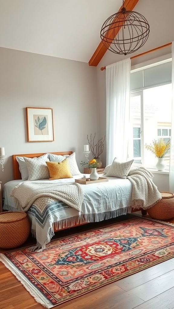 A cozy boho living room featuring layered textiles, including a fringed blanket, colorful throw pillows, and a vibrant rug.