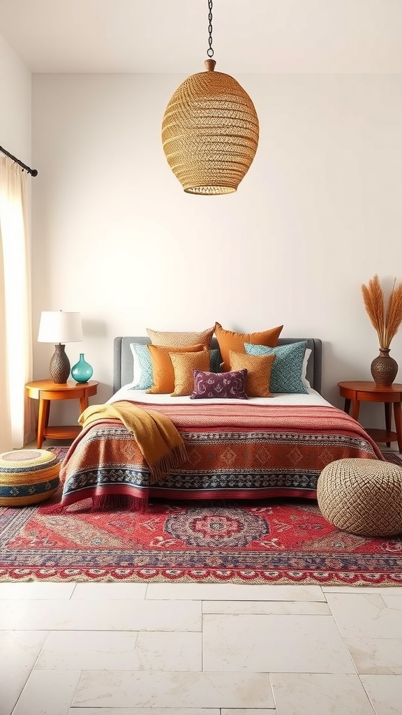 A cozy Moroccan bedroom featuring layered textiles, vibrant pillows, and a warm color palette.