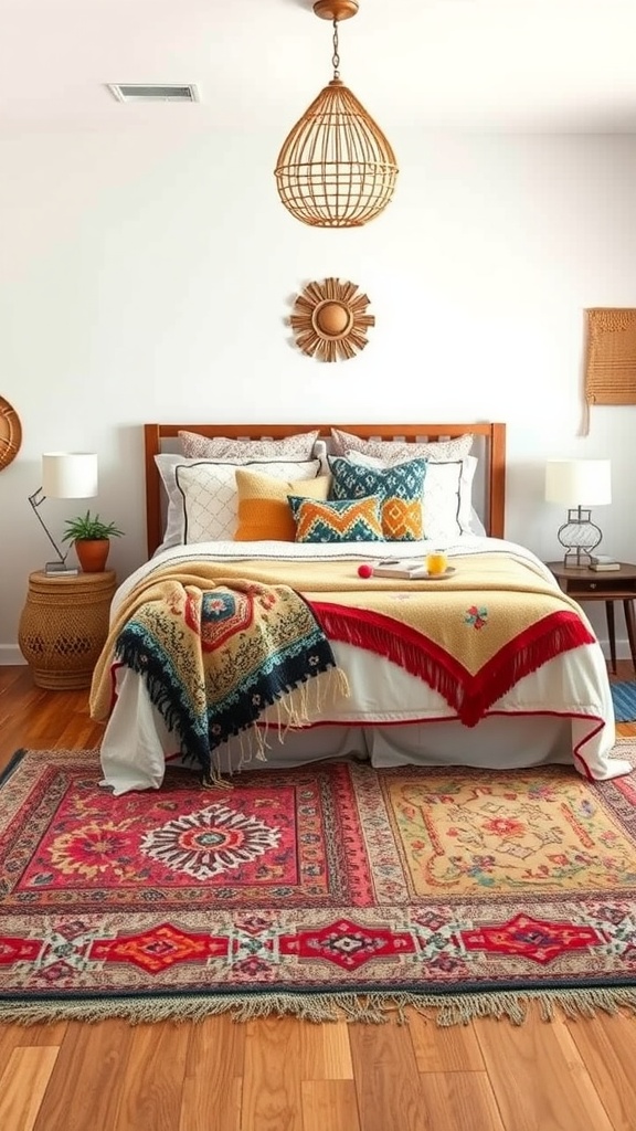 A cozy boho bedroom featuring layered textiles, colorful throw pillows, and patterned rugs.
