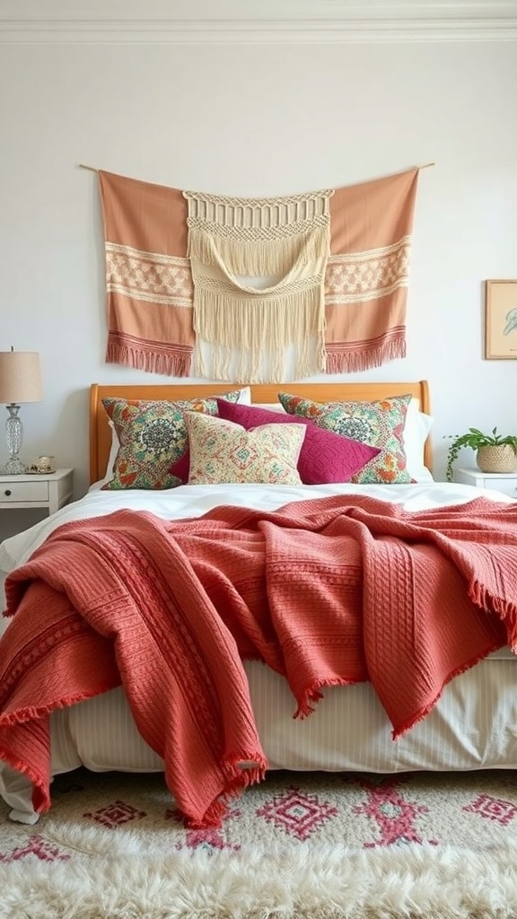 A cozy boho bedroom featuring layered textiles, including a coral blanket, patterned pillows, and a decorative wall hanging.