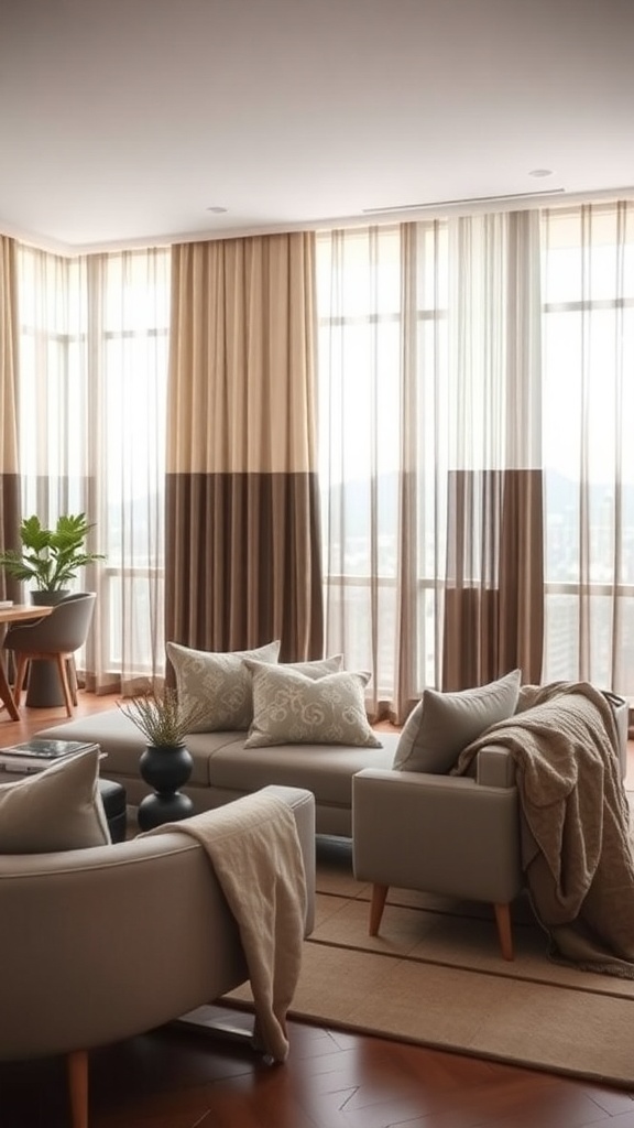 A stylish living room with layered curtains and cozy textiles.