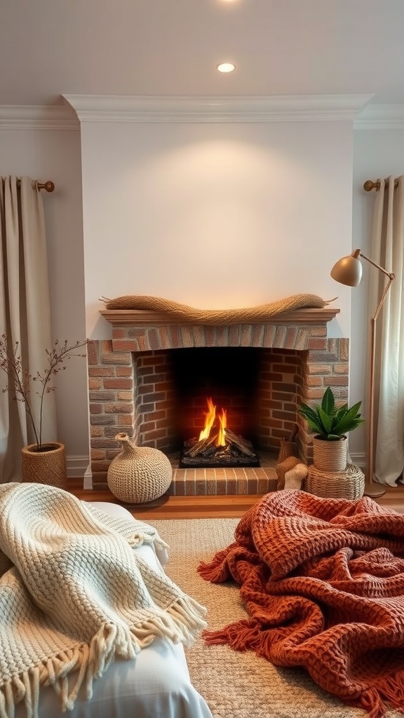 Cozy faux fireplace setup with layered textiles, including cream and burnt orange blankets, woven baskets, and a light rug.