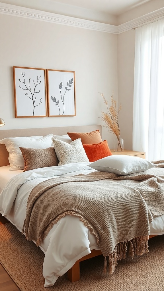 A cozy bedroom featuring layered textiles, including a bed with various pillows and a textured throw.