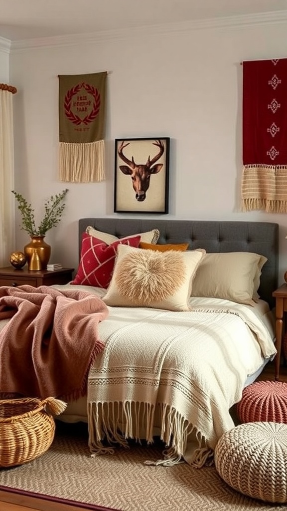 Cozy maximalist bedroom featuring layered textiles, warm colors, and decorative elements.