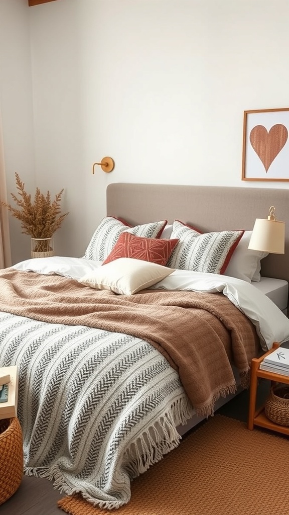 Cozy bedroom with layered textiles including a patterned throw blanket and decorative pillows.