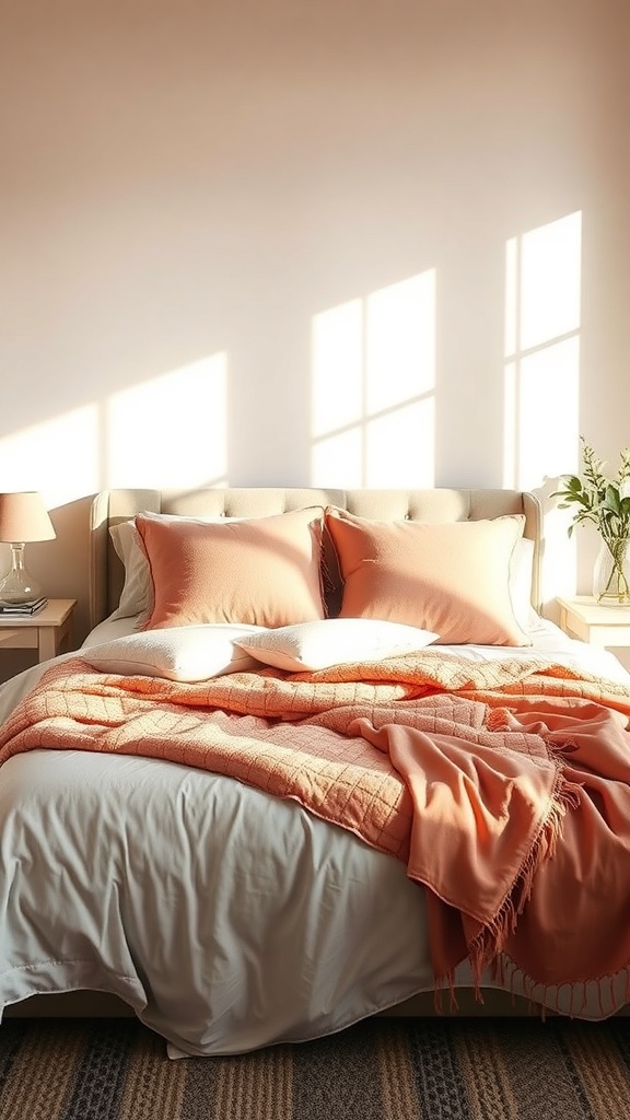 A cozy bedroom with a bed dressed in layered dusty rose textiles, featuring pillows and throws, illuminated by soft sunlight.