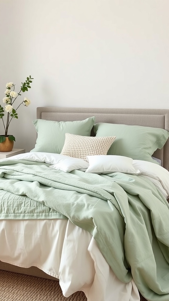 A cozy bedroom featuring layered pastel green textiles on a bed, with decorative pillows and a vase of flowers.