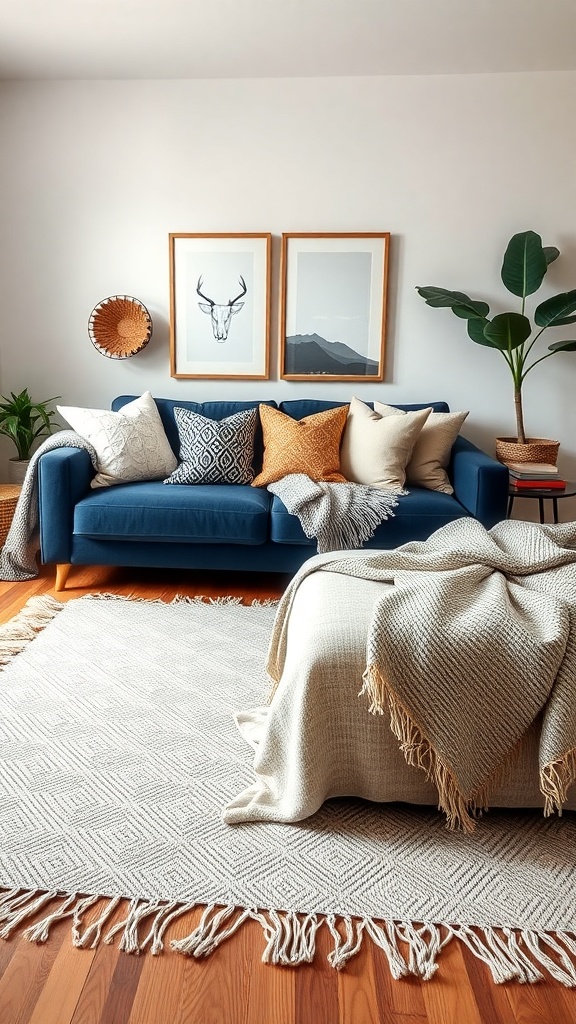 A cozy living room featuring a navy blue sofa with layered textiles, including cushions and throws, complemented by a textured rug and wall art.