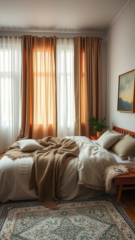 A cozy bedroom featuring layered textures with soft blankets, pillows, and curtains.