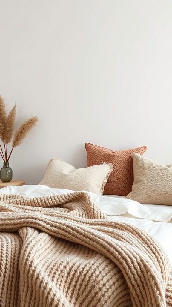A neutral bedroom featuring a cozy bed with a knitted blanket and decorative pillows, complemented by a vase with pampas grass.