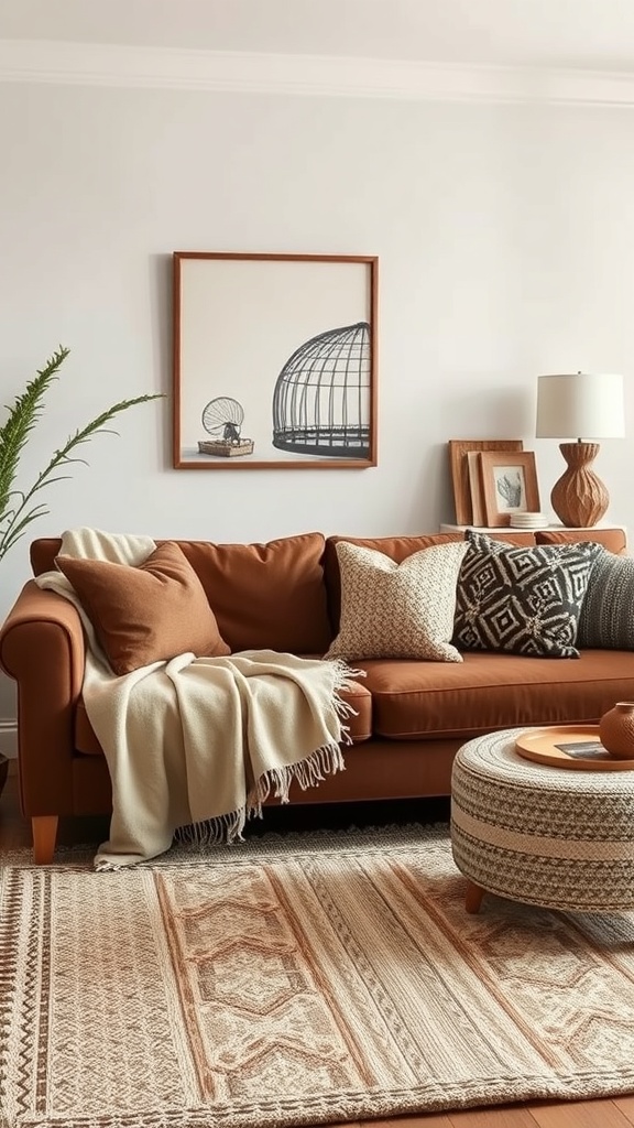 A cozy living room featuring a brown couch with layered textures, including pillows and a throw blanket, complemented by a patterned rug and decorative accessories.