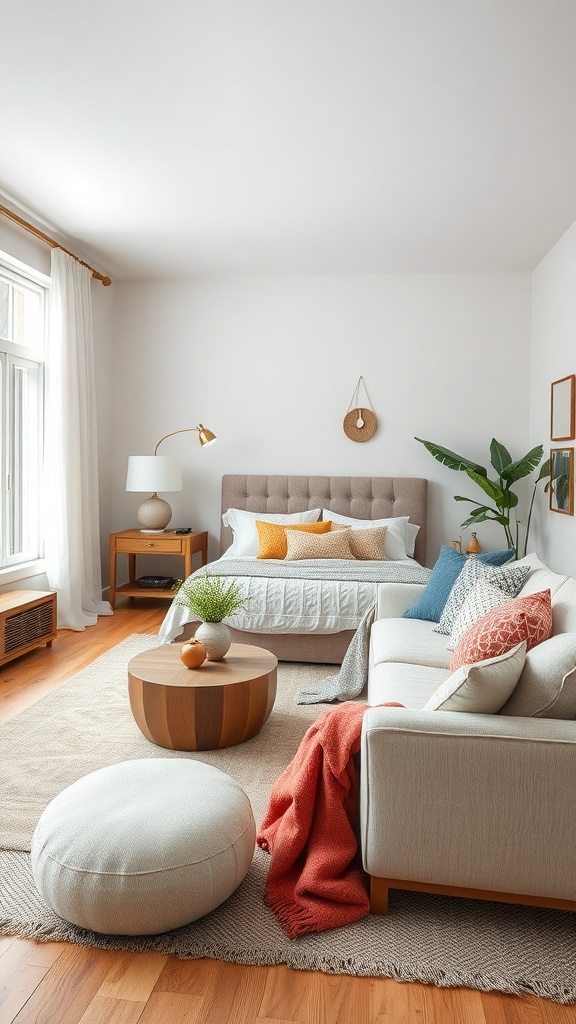 A cozy living room featuring layered textures with a mix of fabrics and natural materials.