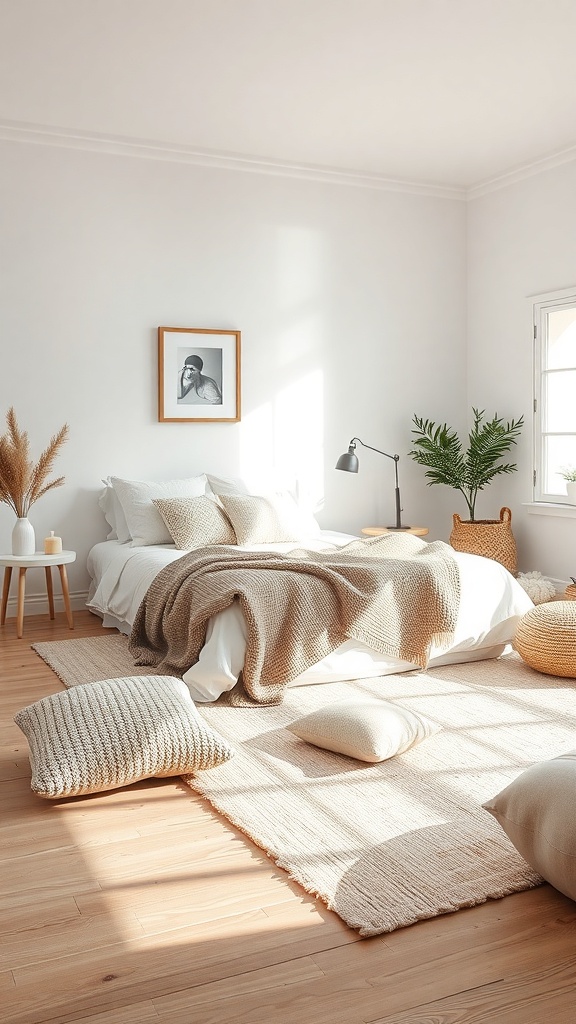 A minimalist living room featuring a bed with a knitted throw, plush pillows, a woven basket, and a soft rug on a wooden floor.