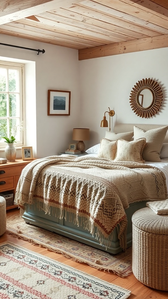 Cozy cottage bedroom with layered textures including a chunky knit blanket, woven baskets, and patterned rugs.