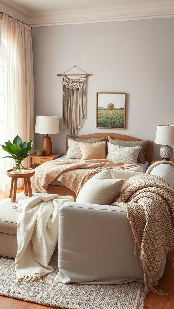 A cozy bohemian living room featuring layered textures and fabrics with neutral tones.