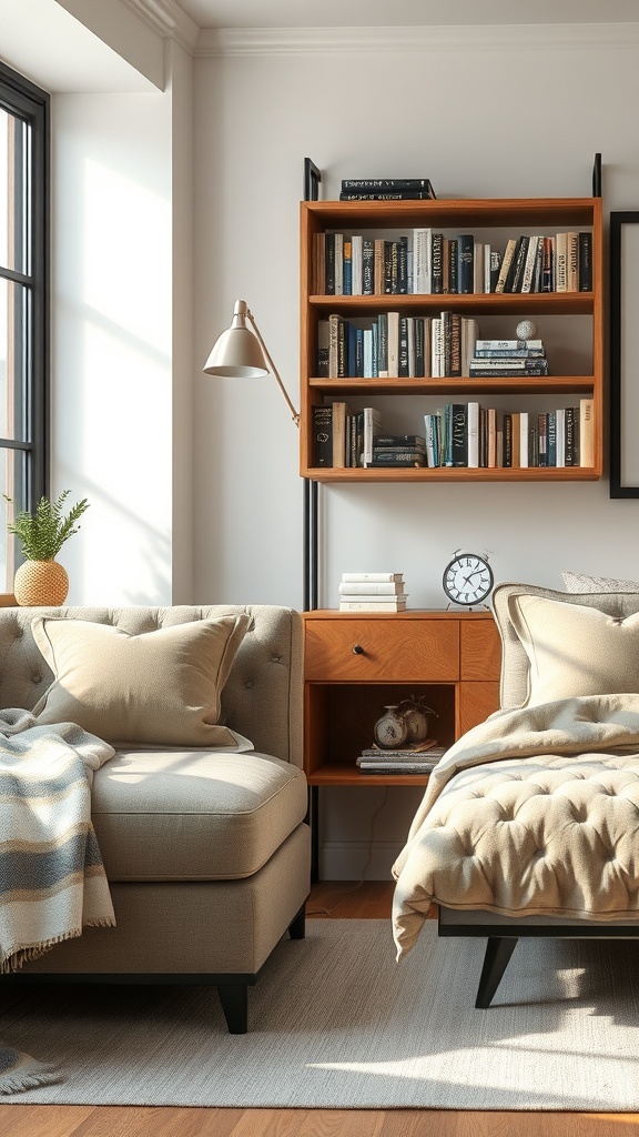 A cozy living room featuring a wooden bookshelf filled with books, two plush sofas, and a warm color palette.