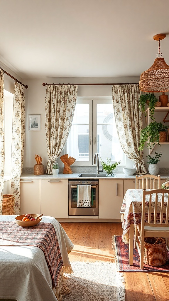 A cozy boho kitchen featuring patterned curtains, a textured tablecloth, and green plants.