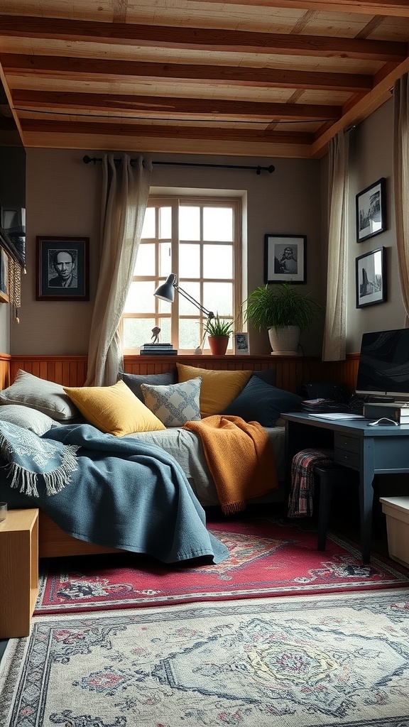 A cozy gamer bedroom featuring layered textures with colorful pillows, soft throws, and a stylish rug.