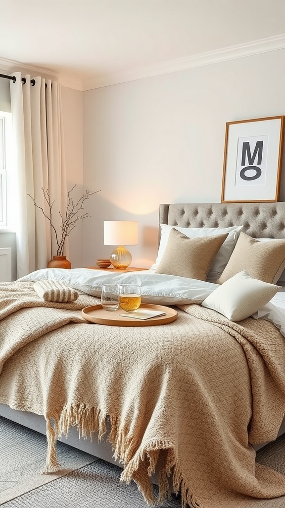 Cozy guest bedroom with layered textures, neutral tones, and decorative elements.