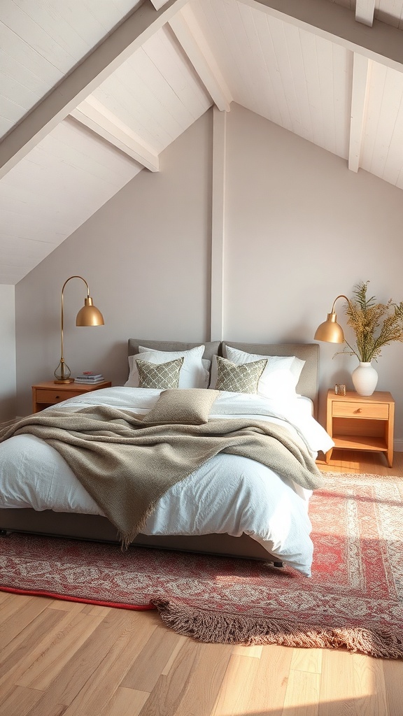 A cozy loft-style bedroom featuring a bed with white linens, a neutral blanket, decorative pillows, and a patterned area rug on wooden flooring.