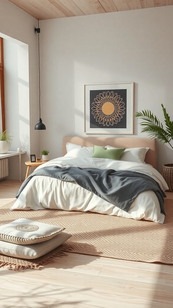 A cozy Japandi bedroom featuring a layered bed with soft linens, a warm throw, and decorative pillows, complemented by natural materials and plants.