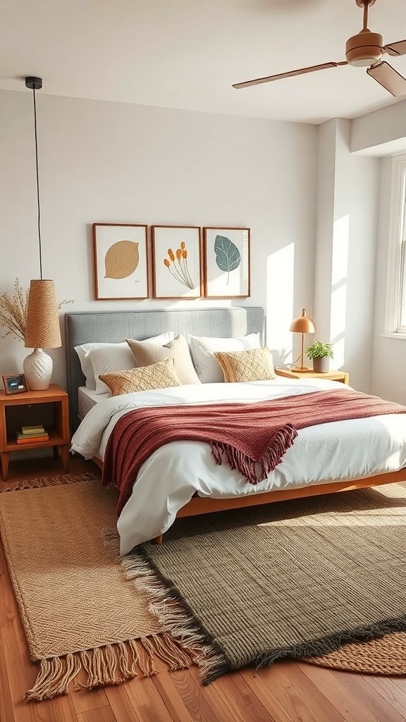 A mid-century modern bedroom with layered textures, featuring a bed with a white duvet and rust-colored throw, decorative pillows, and layered rugs.