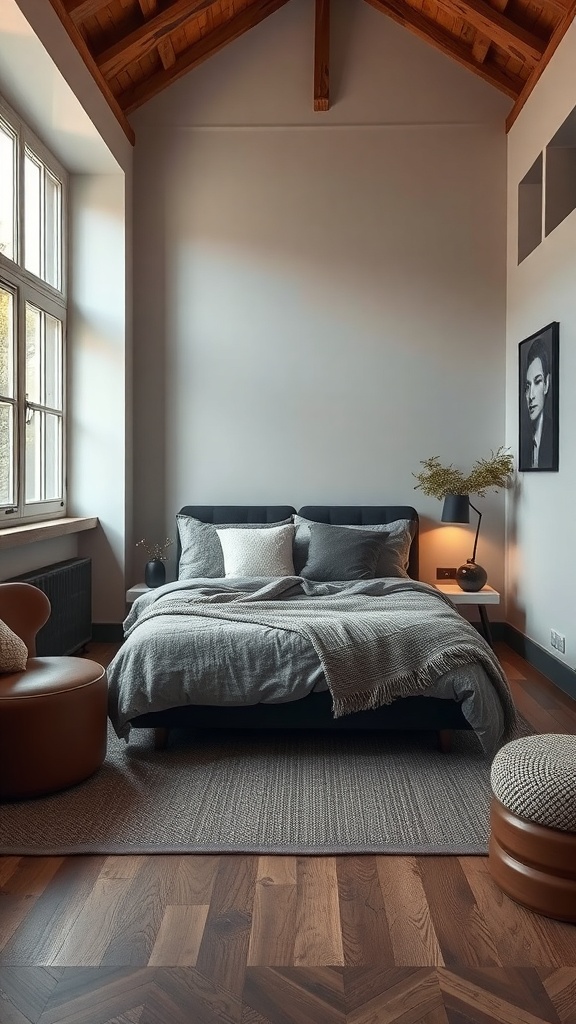A small masculine bedroom featuring a cozy bed with gray bedding, wooden floor, and a leather chair.