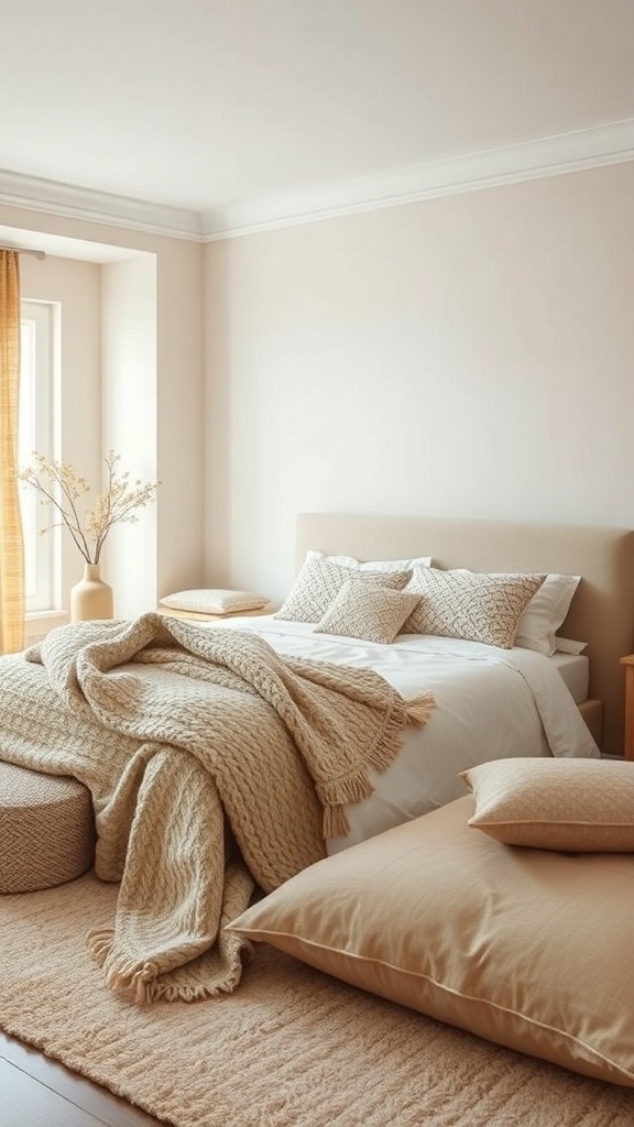 A cozy beige bedroom featuring a bed with layered textures, including a chunky knit throw and various pillows, complemented by a soft rug and natural light.