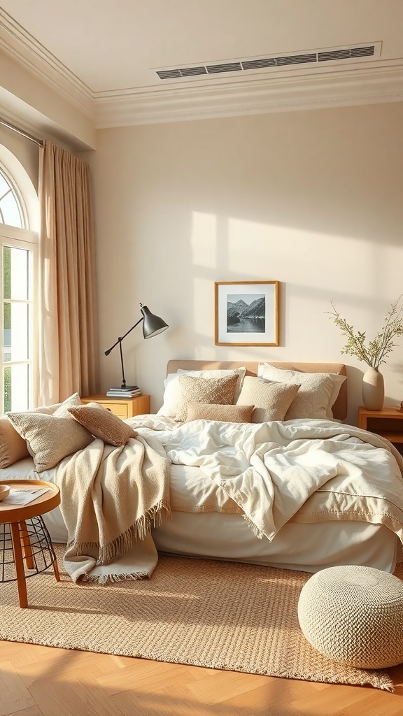 A cozy beige living room featuring layered textures with pillows, a blanket, and a woven rug.