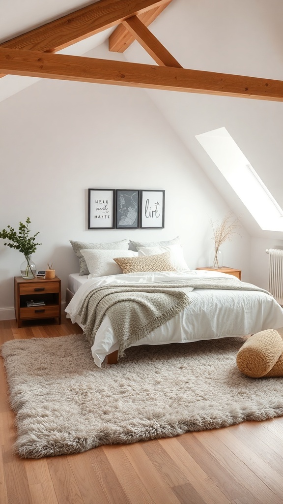 Cozy loft bedroom with layered textures, featuring a fluffy rug, white bedding, and wooden beams.