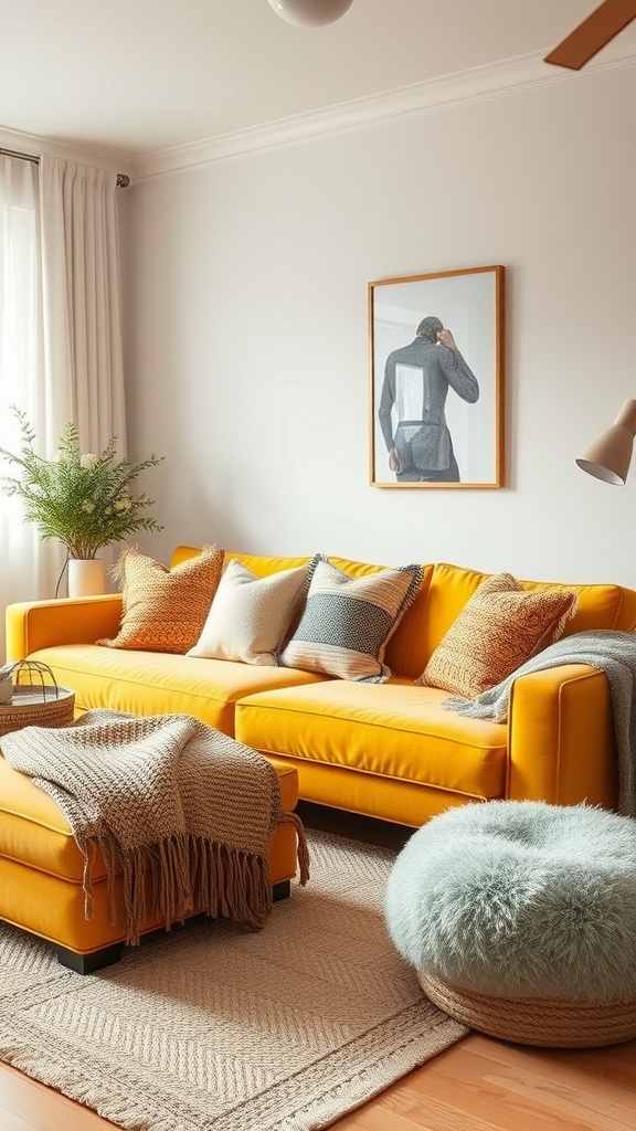 Cozy living room featuring a yellow couch with layered textures, cushions, a knitted throw, and a soft pouf.
