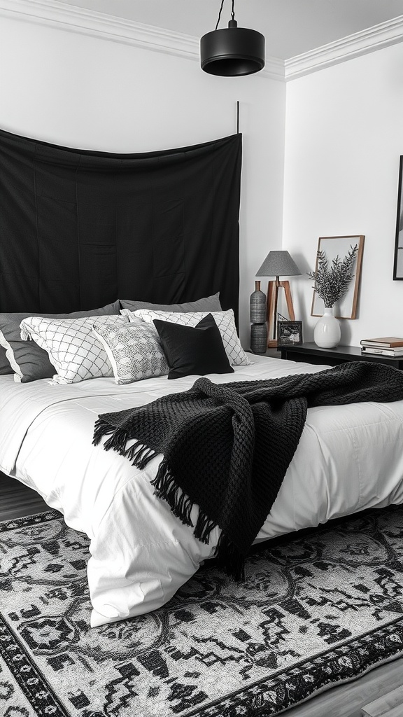 A cozy black and white bedroom featuring layered textures, including pillows, a blanket, and a patterned rug.