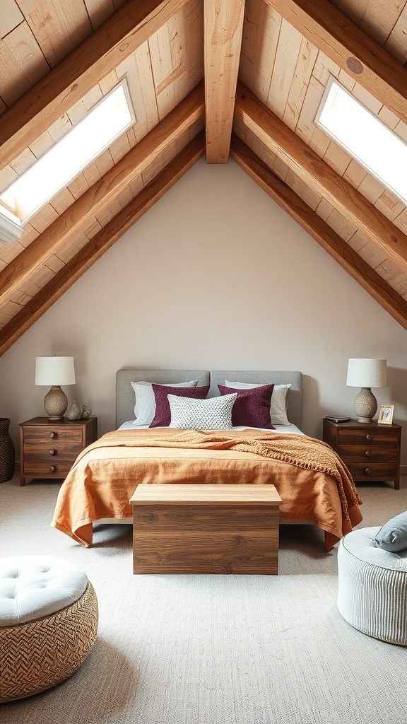 Cozy attic bedroom with angled ceilings, featuring wooden beams, a bed with orange throw, and various textured furnishings.