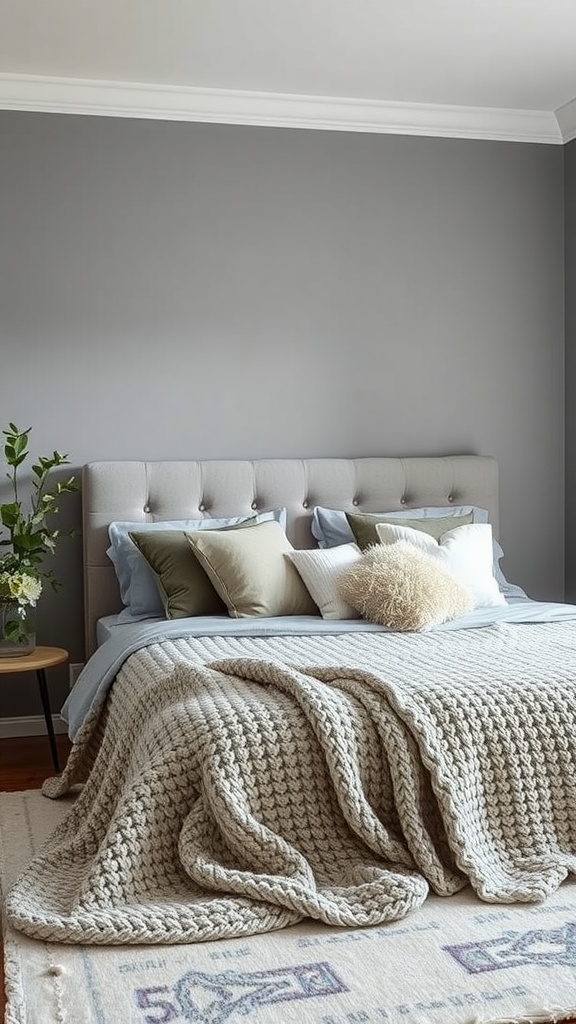 Cozy gray bedroom with layered textures, featuring a knitted blanket and decorative pillows.