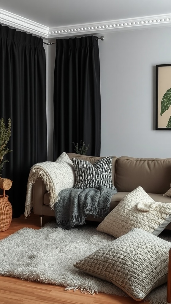 Cozy living room with black curtains, a beige sofa with textured throw pillows, and a fluffy rug