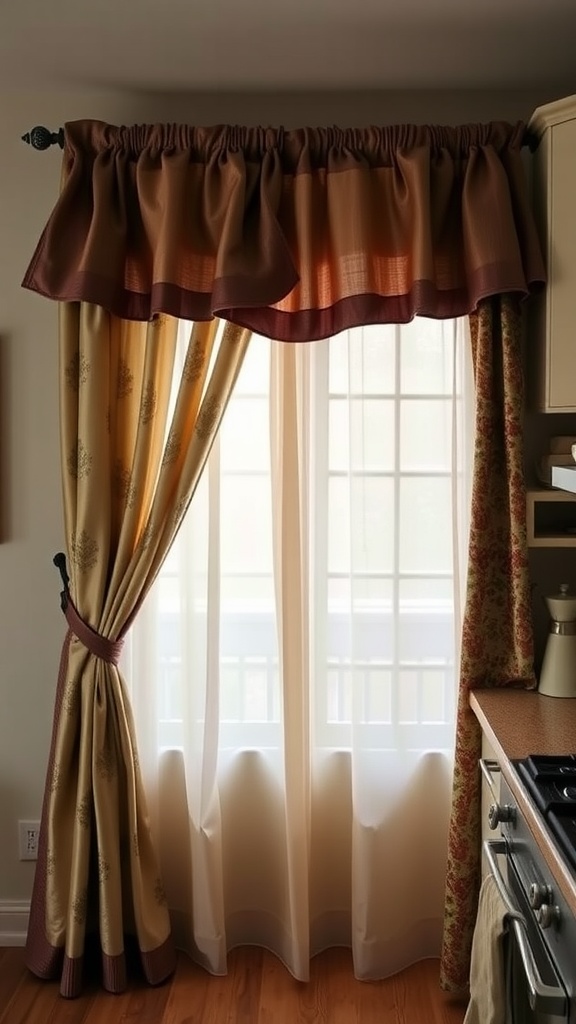 Layered kitchen curtains featuring a patterned bottom layer and a sheer top layer with a ruffled valance