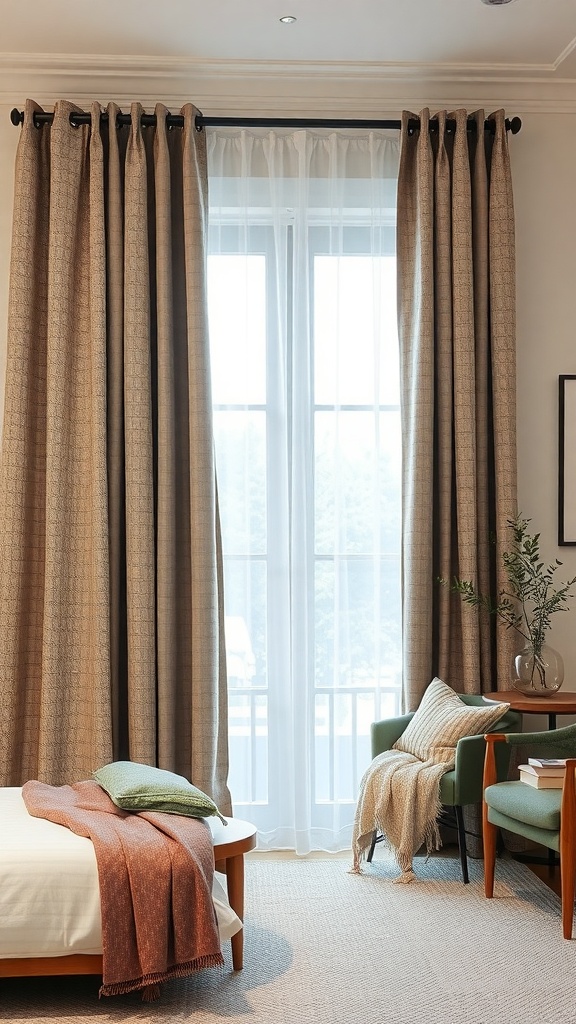 A cozy bedroom with layered curtains, featuring textured outer curtains and sheer inner curtains, complemented by a warm blanket and cushions.